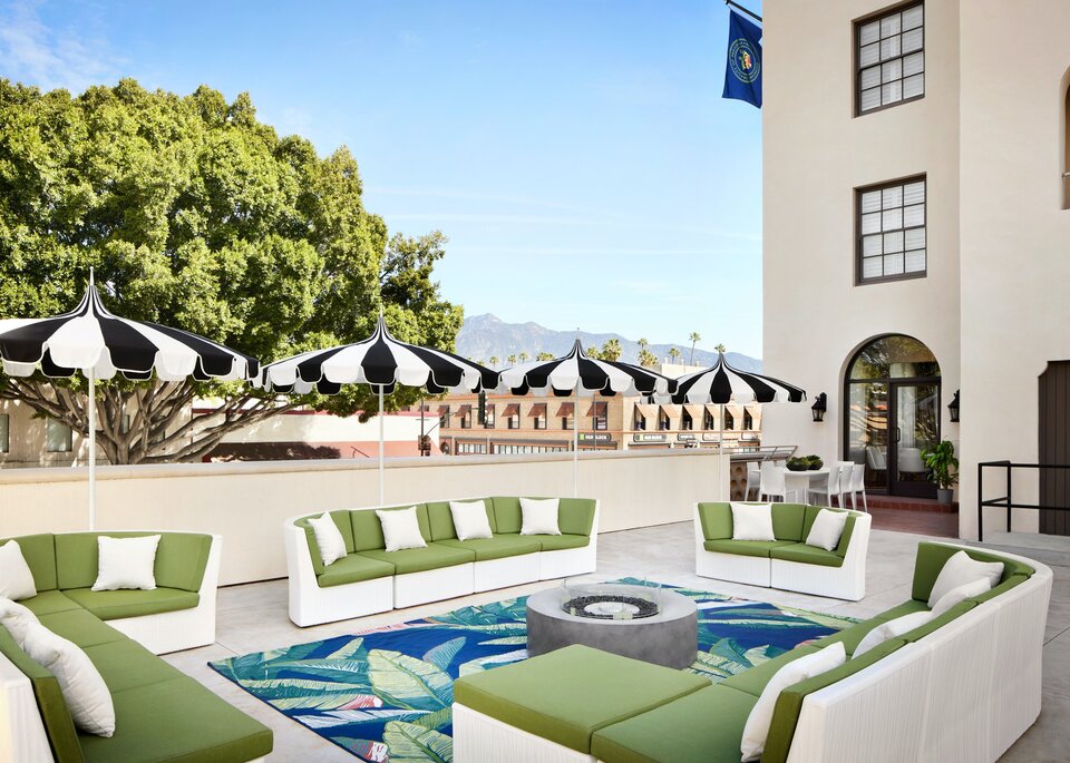 Rooftop patio with lounge seating at The Pasadena Hotel
